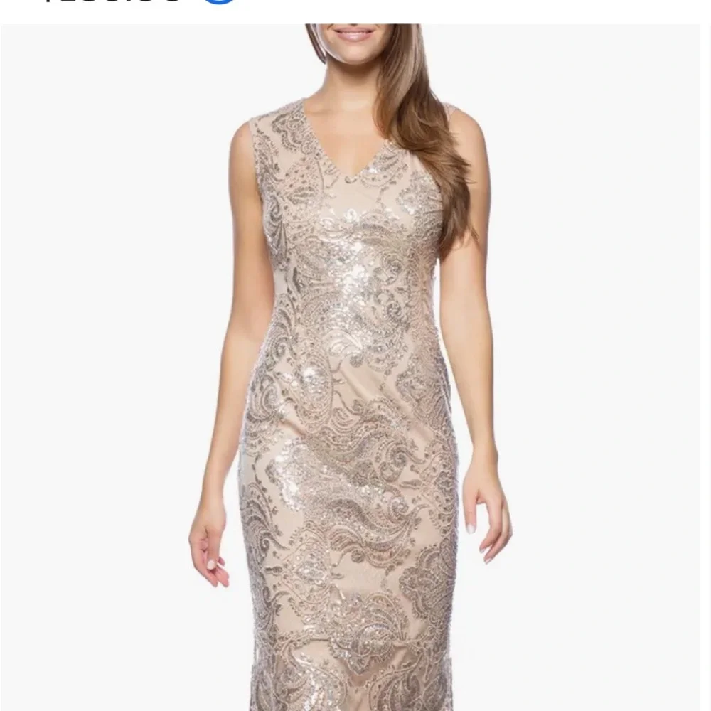 MARINA Silver and Cream Sequin Midi Dress - Picture 2 of 4